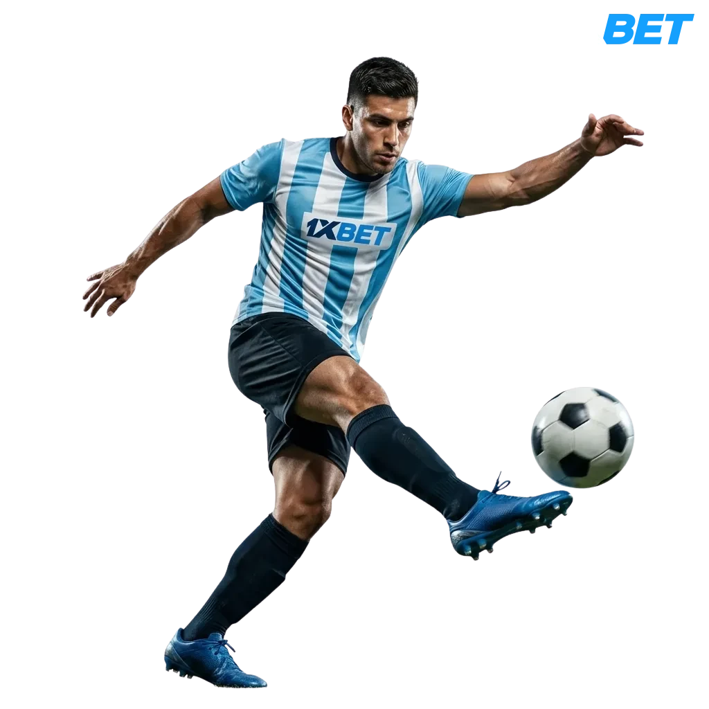 Banner de 1xbet sobre apuestas de fútbol online en Argentina con bono de bienvenida del 120% para nuevos usuarios