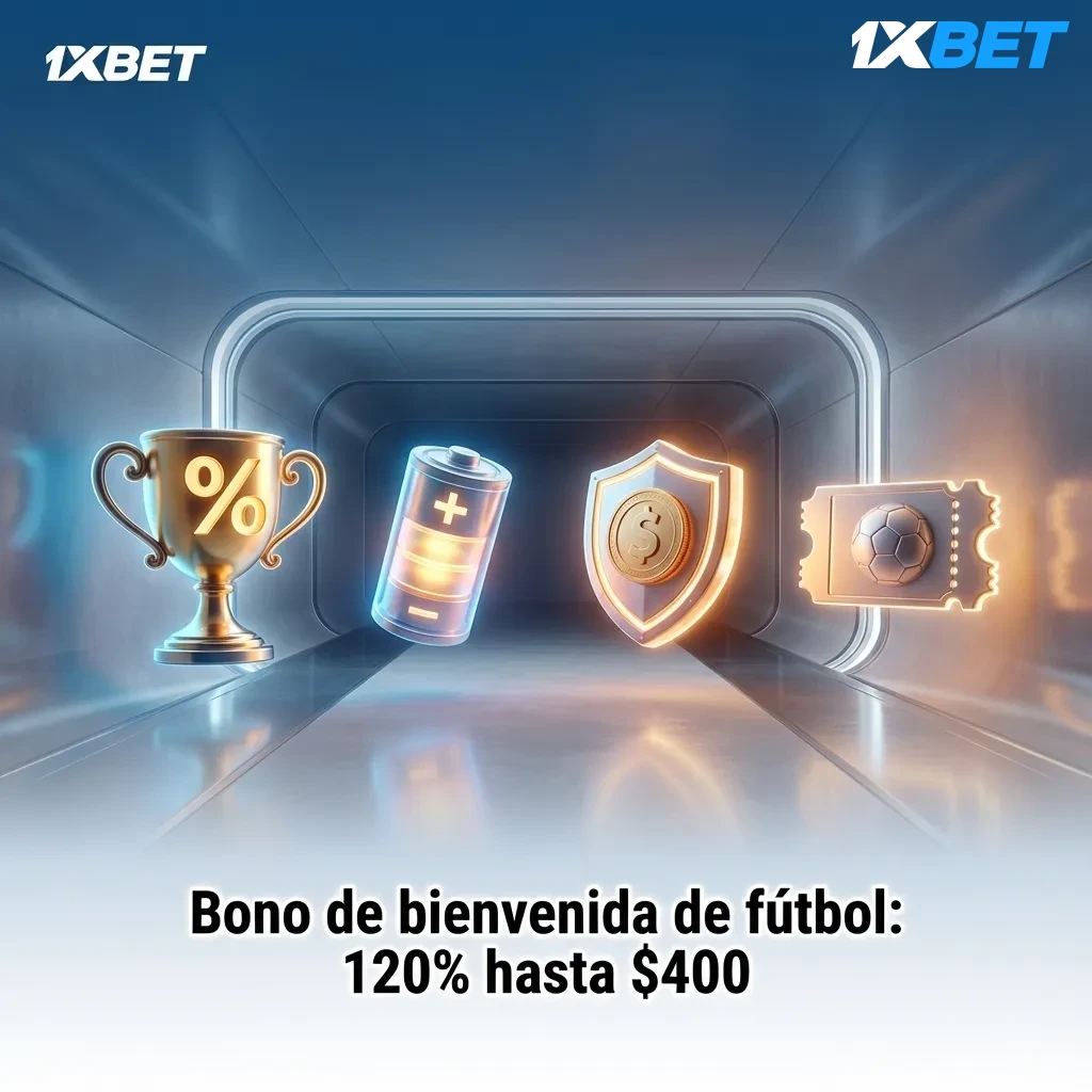 Banner de bono de bienvenida fútbol 120% hasta $400 con cancha, pelota y texto promocional en español