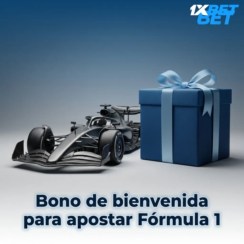 Banner de bono de bienvenida 1xbet para apostar en Fórmula 1, con coches de carreras y texto promocional en español