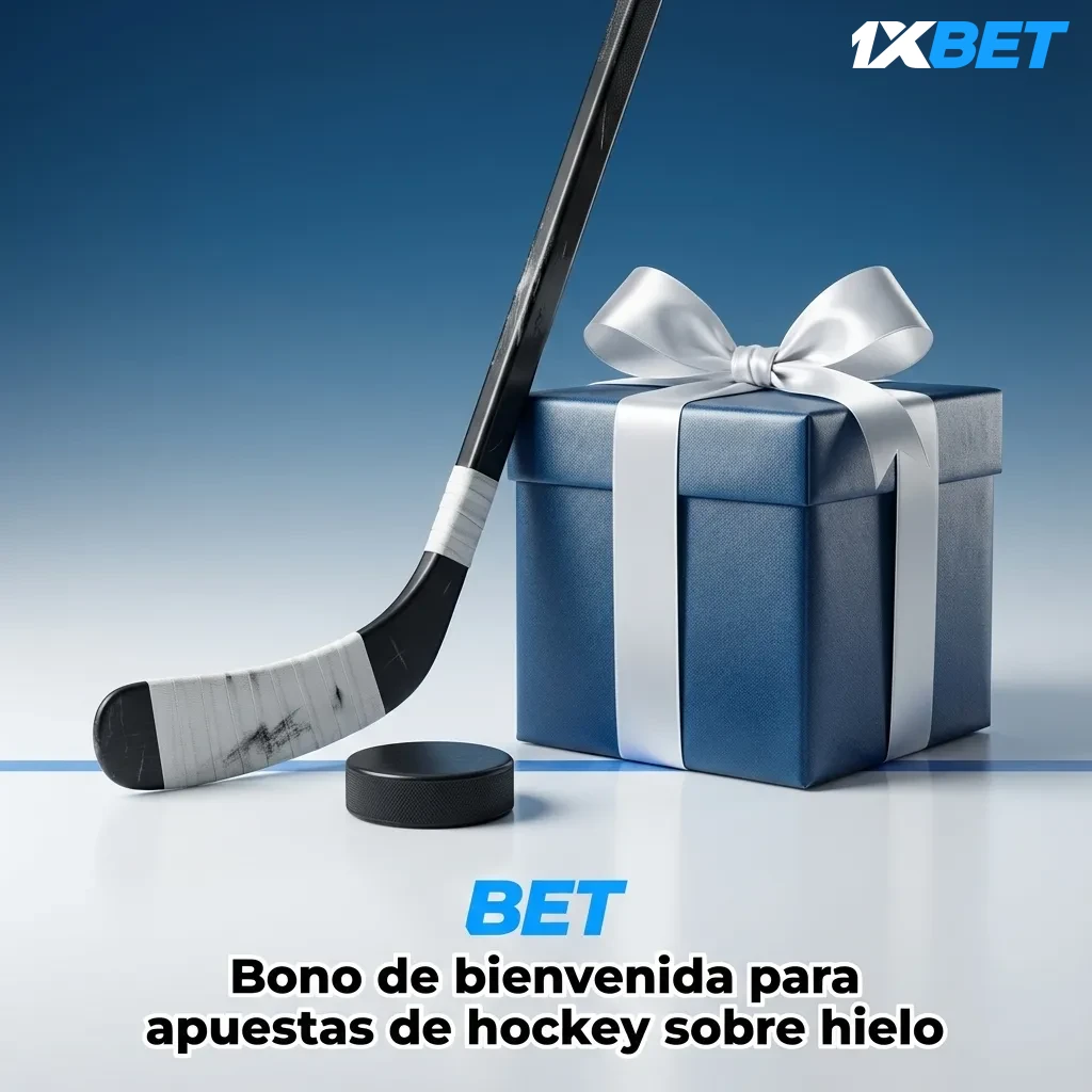 Banner de bono de bienvenida 1xbet para apuestas de hockey sobre hielo, con jugador y texto promocional en español