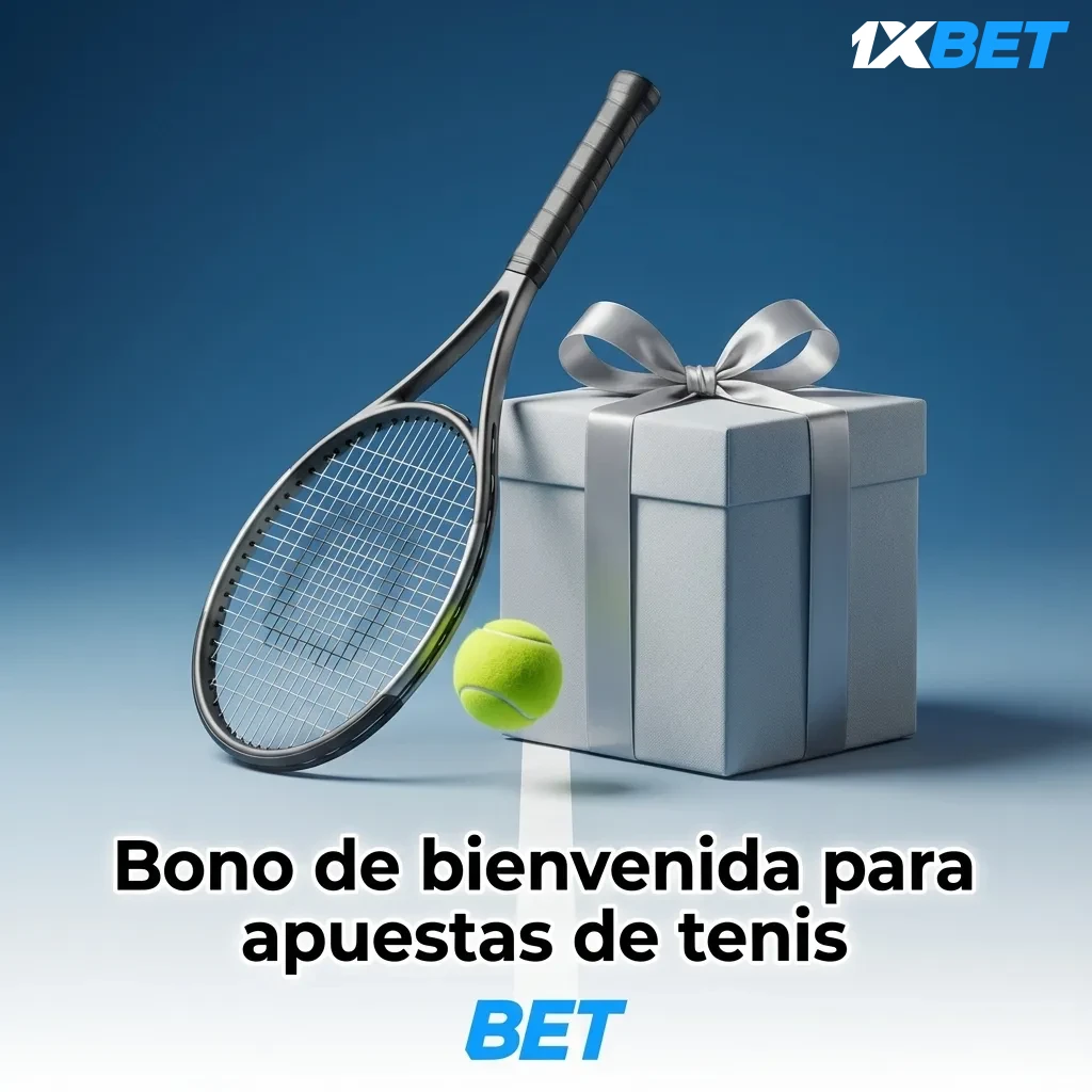 Banner de bono de bienvenida para apuestas de tenis con pelota y raqueta sobre una cancha, resaltando el saldo promocional.