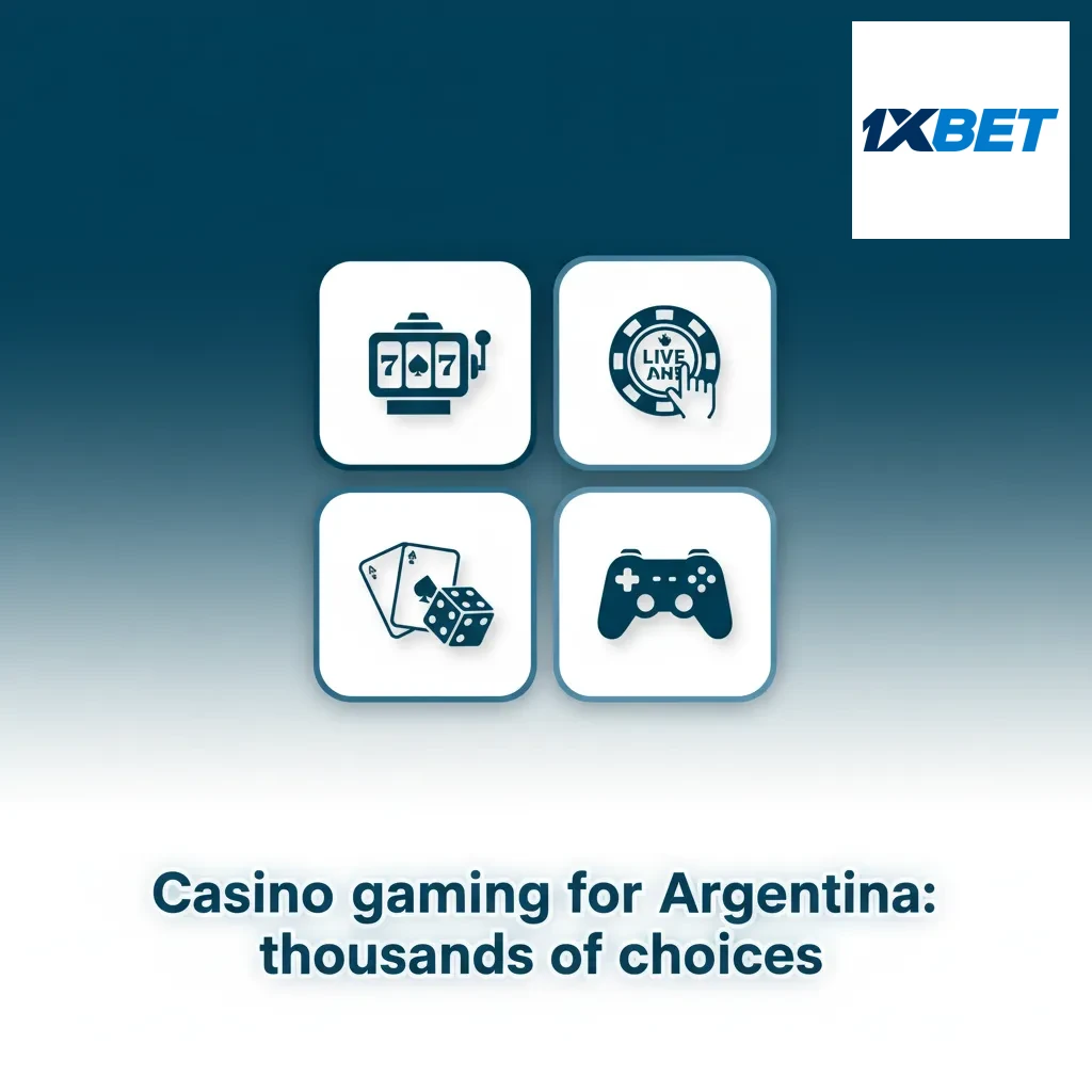 1xBet Argentina casino banner showing 5,000+ games: slots, roulette, blackjack, baccarat, video poker, live dealers 24/7.
