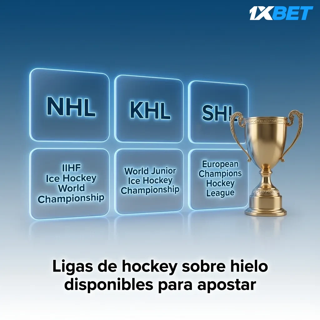Collage de ligas de hockey sobre hielo (NHL, KHL, ligas europeas) con iconos de apuestas deportivas en español