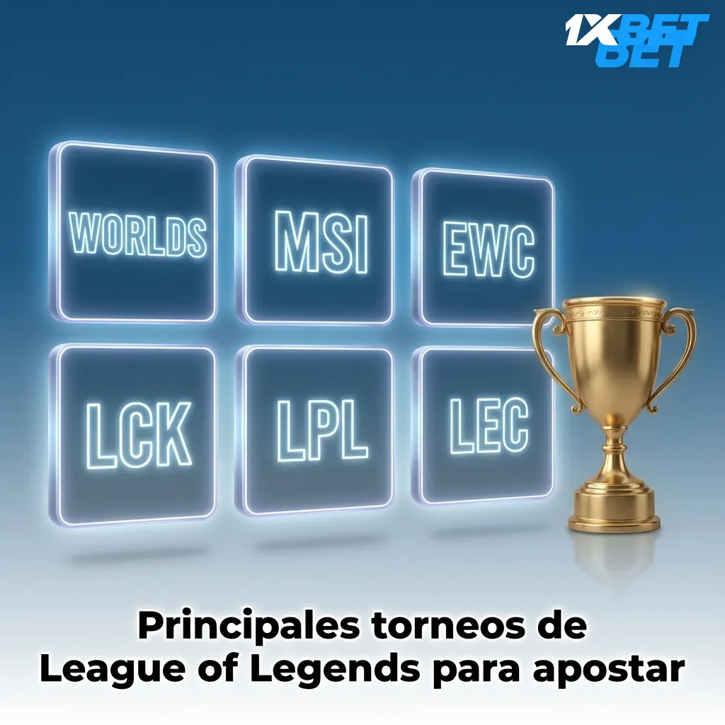 Collage de torneos de League of Legends con logos de Worlds, MSI, EWC, LCK, LPL y LEC y texto de apuestas en 1xbet