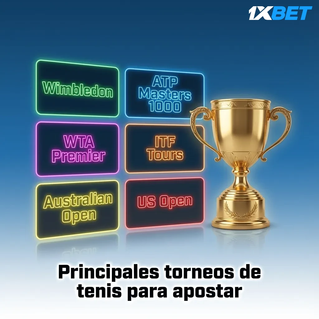 Ilustración de torneos de tenis destacados para apostar: Grand Slams, Masters 1000, ATP y WTA Finals en distintas superficies