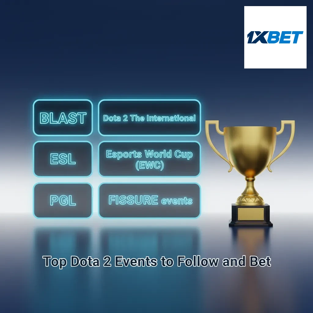 Graphic listing top Dota 2 events - TI, BLAST, ESL, EWC, PGL, FISSURE - with betting outrights, matchups, and player props.