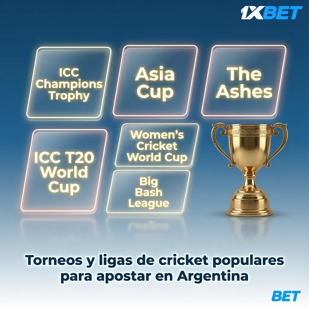 Ilustración de torneos de cricket y logos de ligas populares junto al logo de la casa de apuestas 1xbet