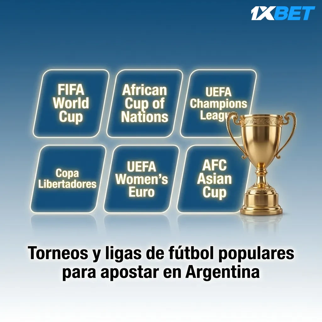 Ilustración de ligas y torneos de fútbol populares para apostar en Argentina, con logos de copas y ligas internacionales.