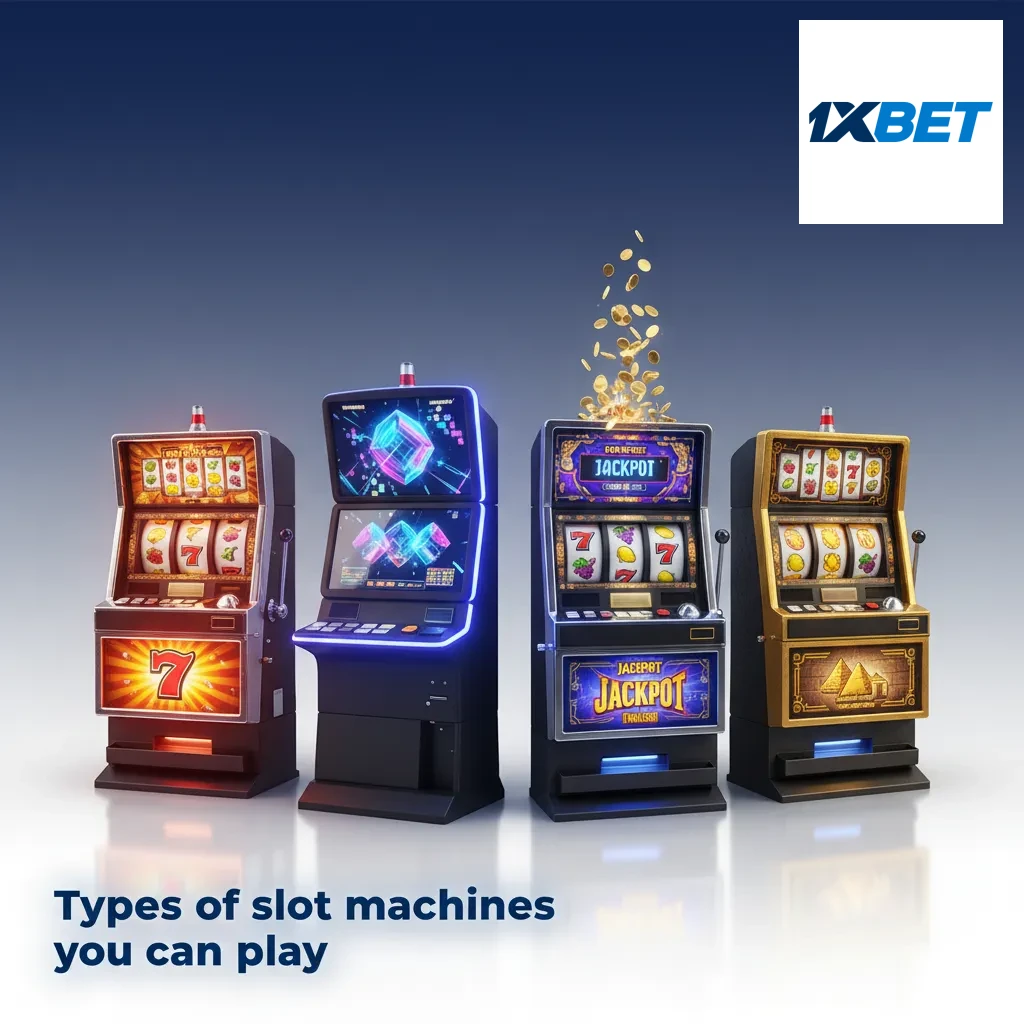 Grid of slot machine types: classic 3-reel, video, Megaways, jackpots, Cluster Pays, Hold and Win, Bonus Buy, branded.