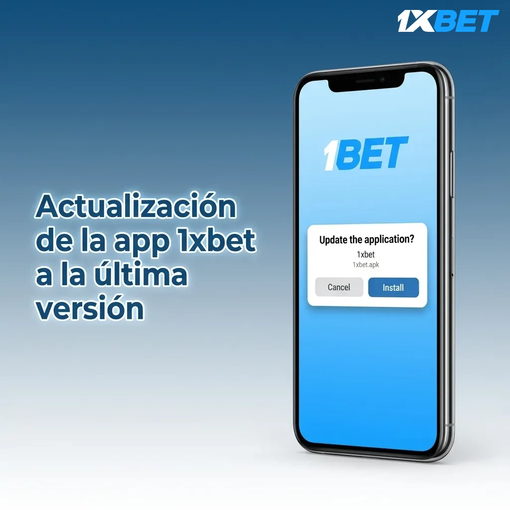 Ilustración de un iPhone con la app 1xbet mostrando actualización automática a la última versión desde la App Store.