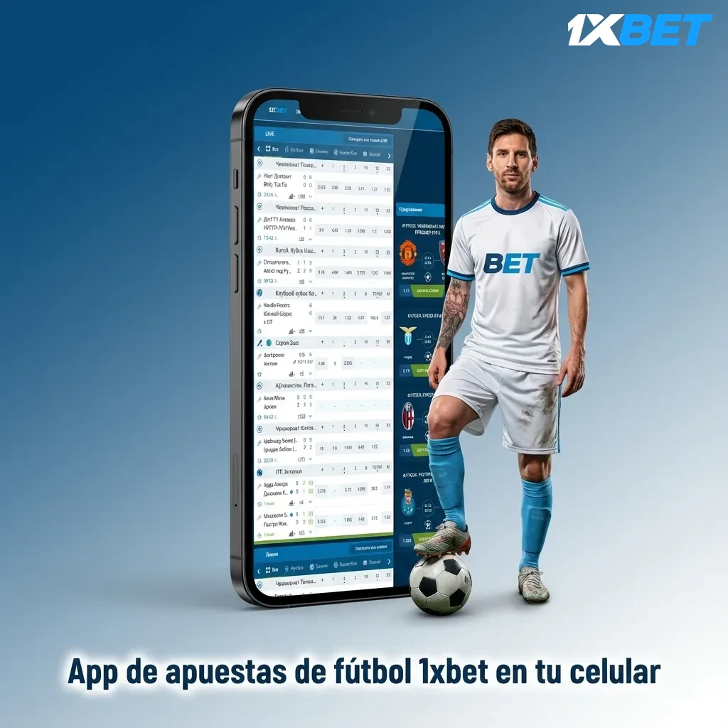 Teléfono celular mostrando la app de apuestas de fútbol 1xbet con interfaz adaptada para apostar en vivo