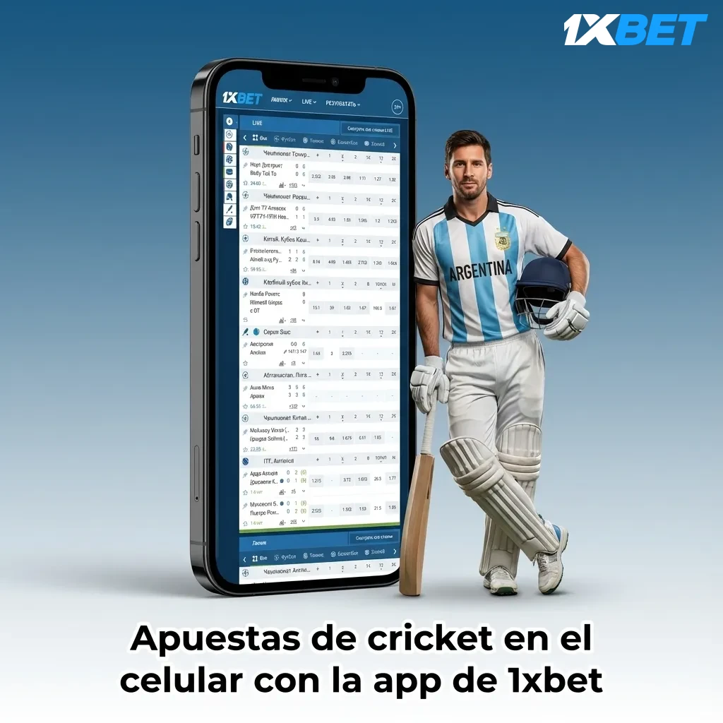 Persona usando la app 1xbet en su celular para apostar en cricket en Argentina, mostrando un partido en vivo
