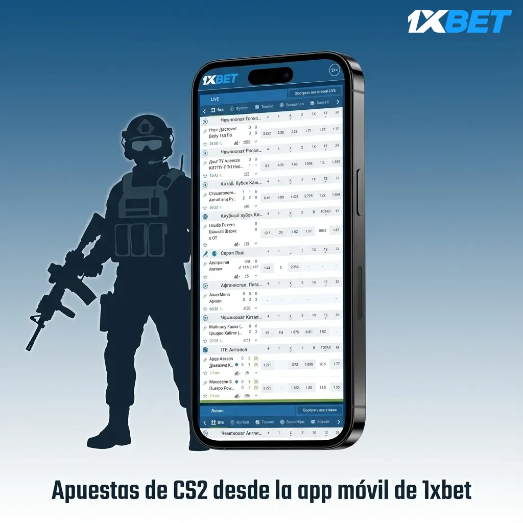 Mano sosteniendo celular con la app de 1xBet abierta mostrando apuestas en vivo de CS2 en la sección de eSports