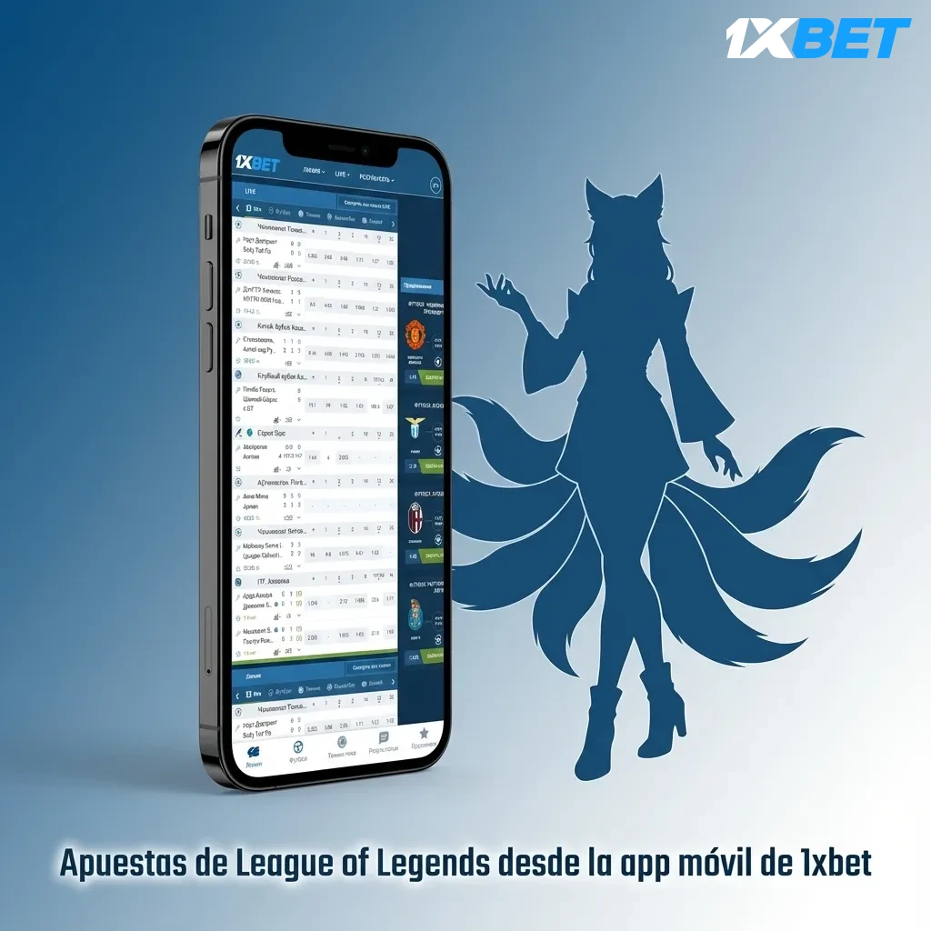 Mano sosteniendo móvil con app 1xbet mostrando apuestas en vivo de League of Legends y cuotas actualizadas