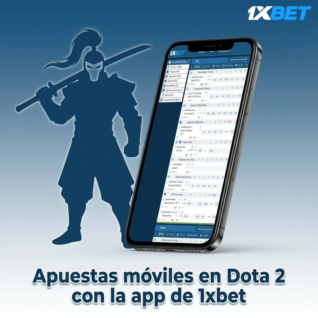 Persona usando app de 1xbet en celular para apostar en vivo a partida de Dota 2 en pantalla