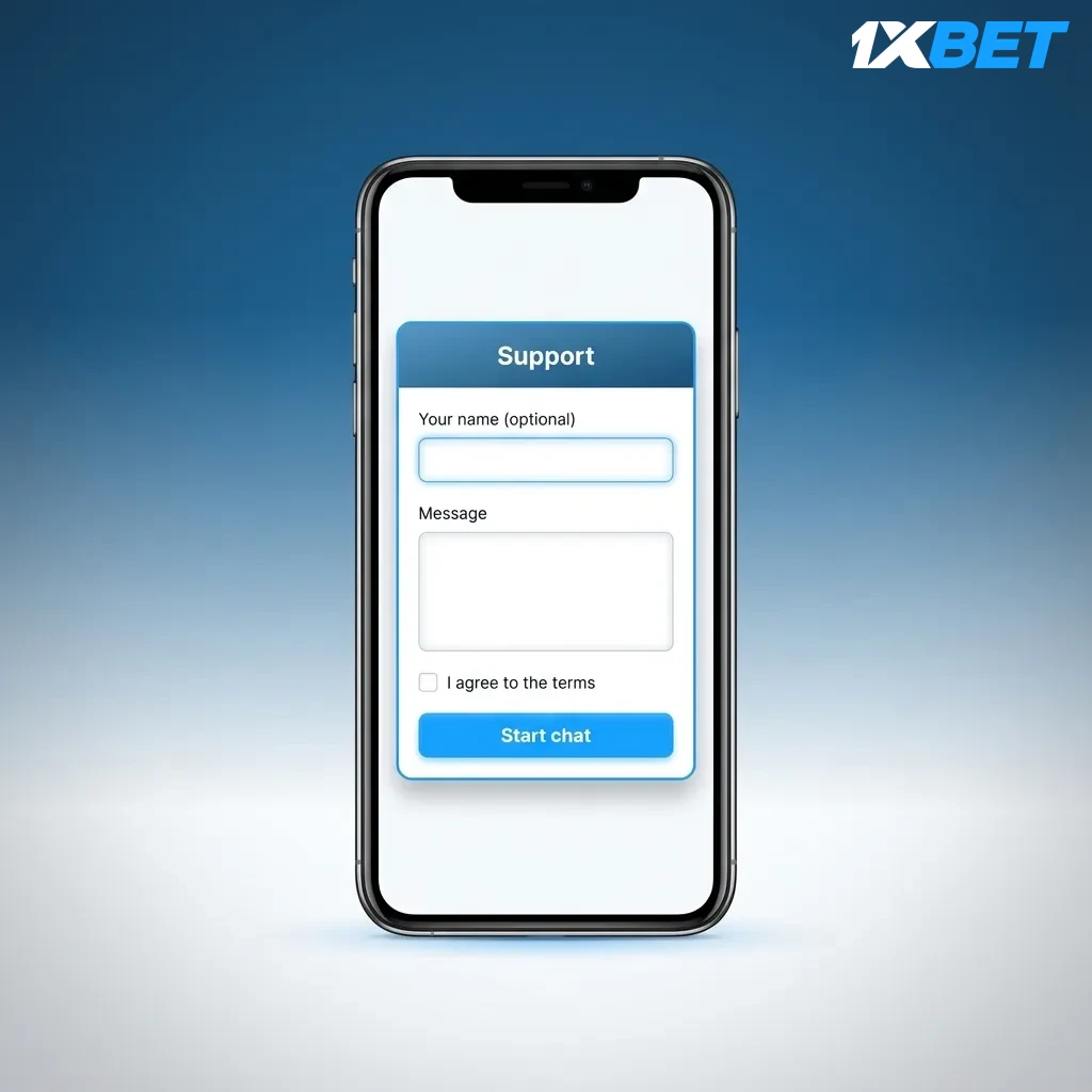 Pantalla de la app 1xbet en un iPhone mostrando opciones de atención al cliente y chat de soporte en vivo