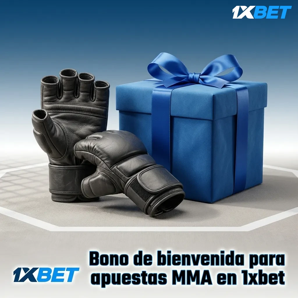 Banner de bono de bienvenida 1xBet para apuestas MMA, con detalles de depósito mínimo, porcentaje y condiciones de apuesta.