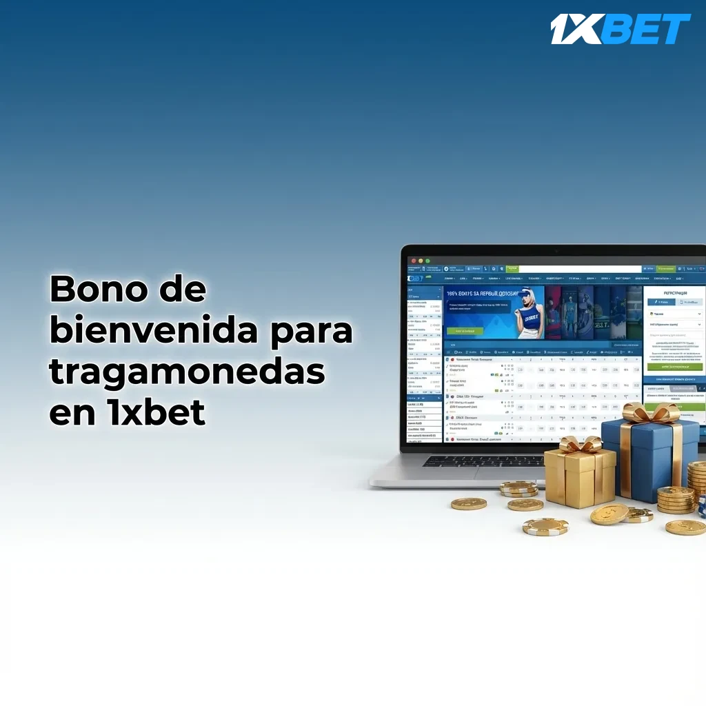 Banner de 1xbet con bono de bienvenida del 120% para tragamonedas y detalles de registro y depósito mínimo