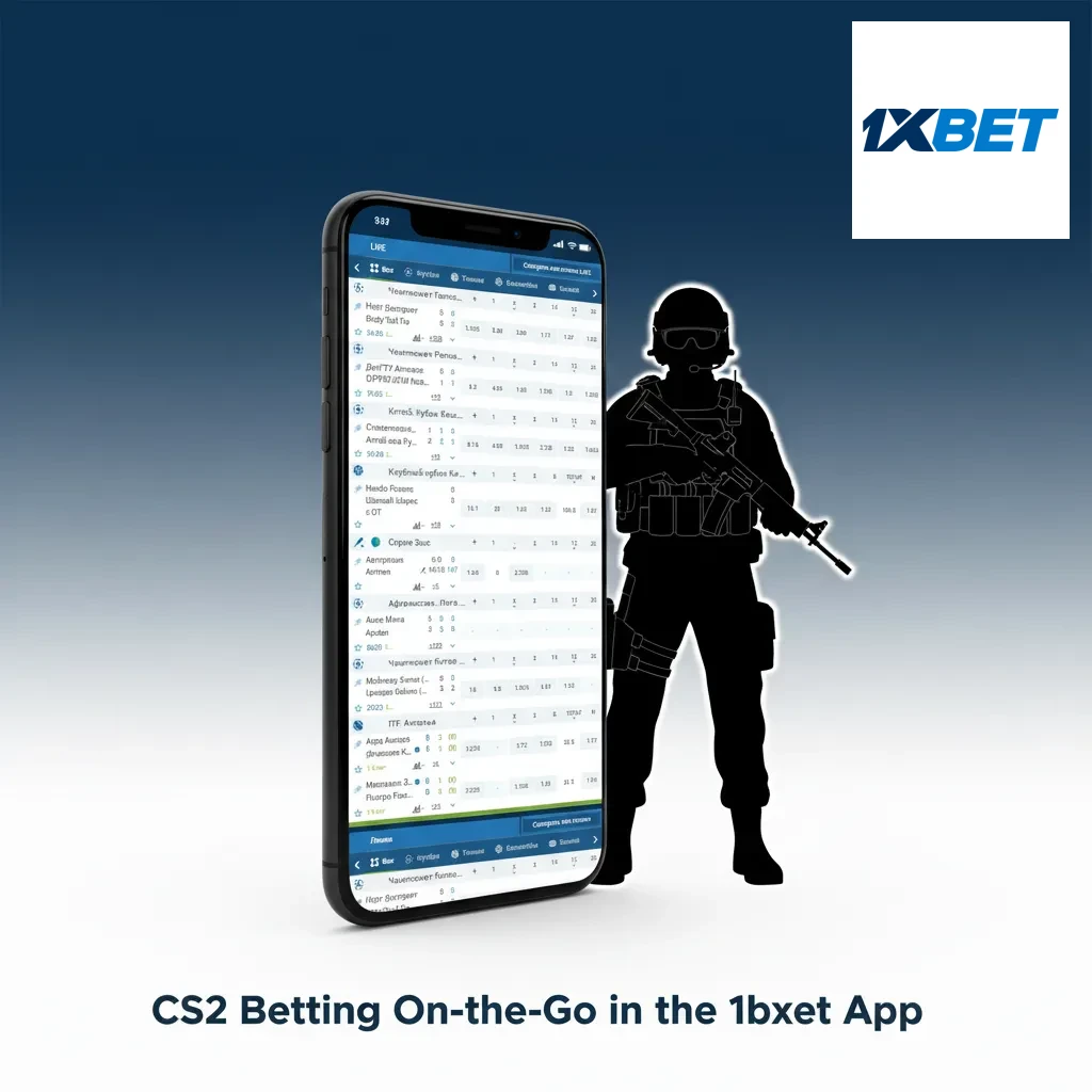 Smartphone with 1xbet CS2 betting app showing live odds, markets like Map Winner and Total Rounds.