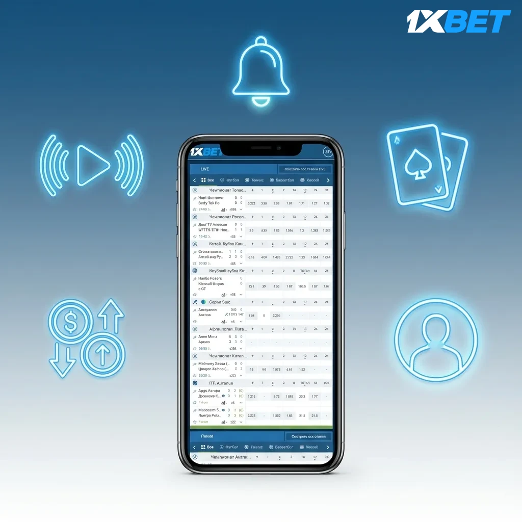 Pantalla de la app 1xBet en celular mostrando apuestas en vivo, casino, depósitos, retiros y notificaciones