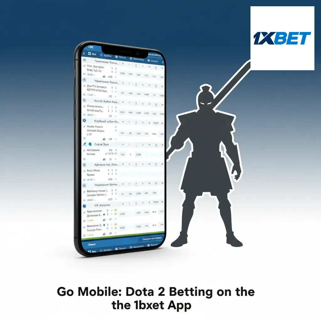 Smartphone showing 1xbet app with Dota 2 live betting odds, Android/iOS icons, notifications, Argentina backdrop.