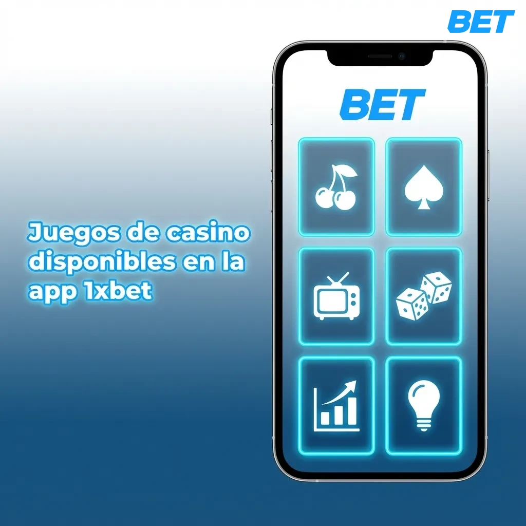 Pantalla de la app 1xbet mostrando sección de casino con tragamonedas, ruleta, blackjack y casino en vivo en un celular