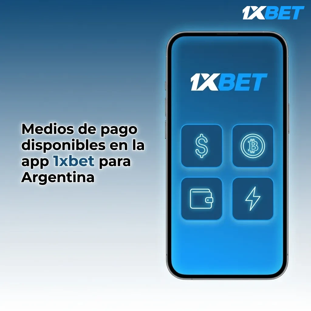 Pantalla de la app 1xbet mostrando métodos de pago en Argentina: banco, tarjetas, billeteras, cupones y criptomonedas.