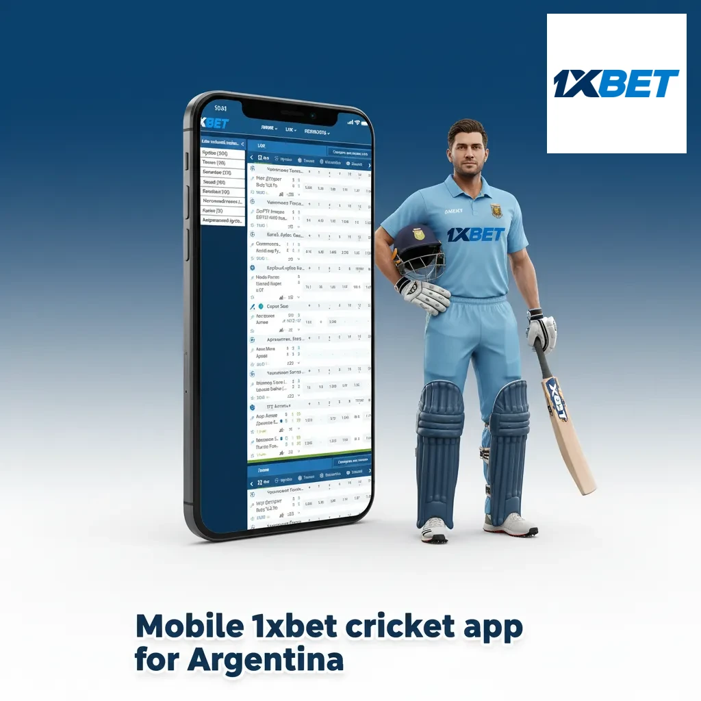 Smartphone showing 1xbet cricket betting app with odds and markets, Argentina flag backdrop, Android and iOS icons.