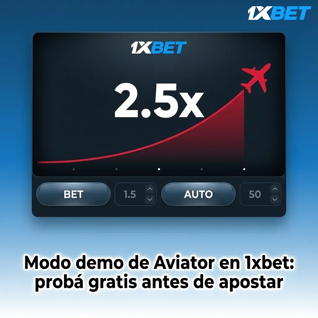 Interfaz del juego Aviator en 1xbet en modo demo, mostrando avión, multiplicador creciente y fichas virtuales sin dinero real