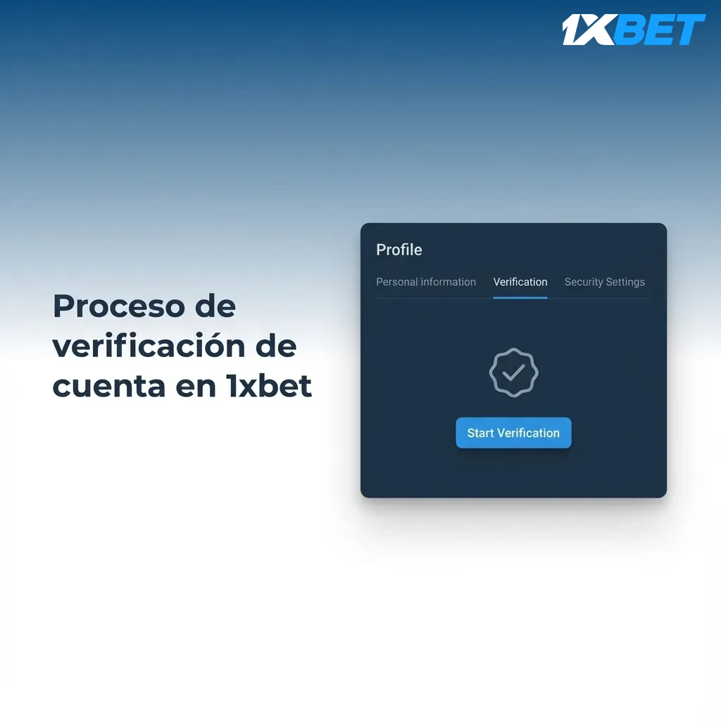Ilustración del proceso de verificación de cuenta en 1xbet con iconos de perfil, email, teléfono, DNI y revisión de seguridad