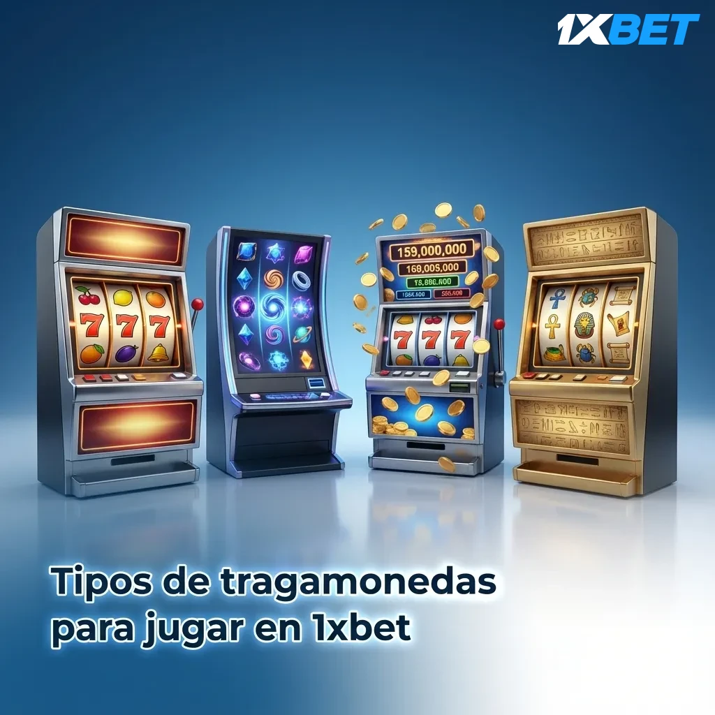 Pantalla de 1xbet mostrando varios tipos de tragamonedas: clásicas, video slots, Megaways y jackpots progresivos.