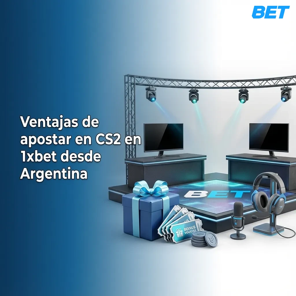 Banner de 1xBet para apostar en CS2 desde Argentina, destacando bono, pagos locales, app móvil y soporte 24/7