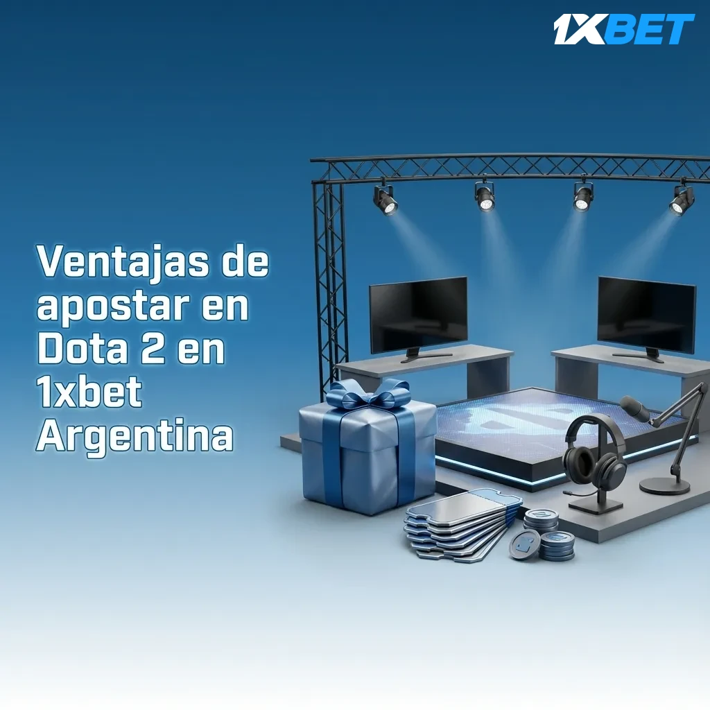 Banner de 1xbet Argentina con temática Dota 2, resaltando bonos, pagos locales, app móvil y cuotas competitivas en esports