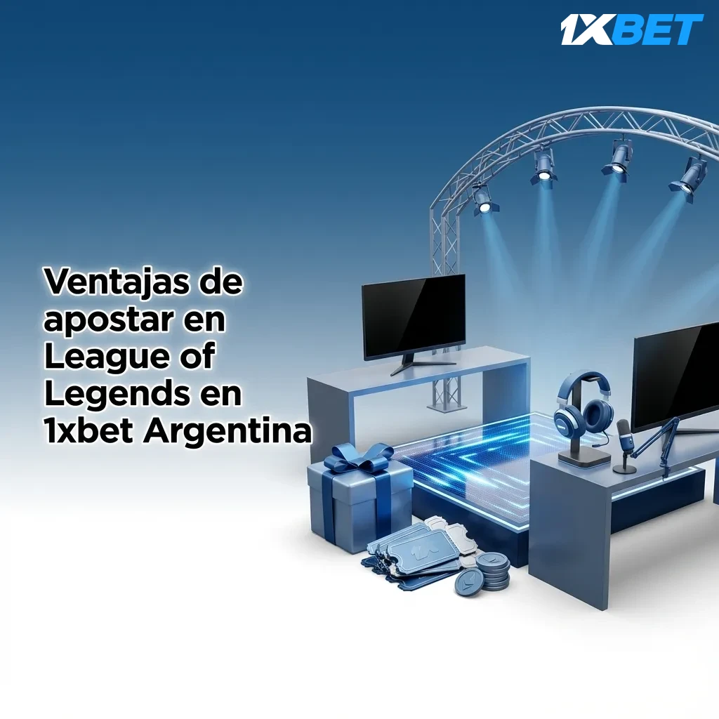 Banner de 1xbet Argentina destacando apuestas en League of Legends, bono de bienvenida y app móvil para esports.