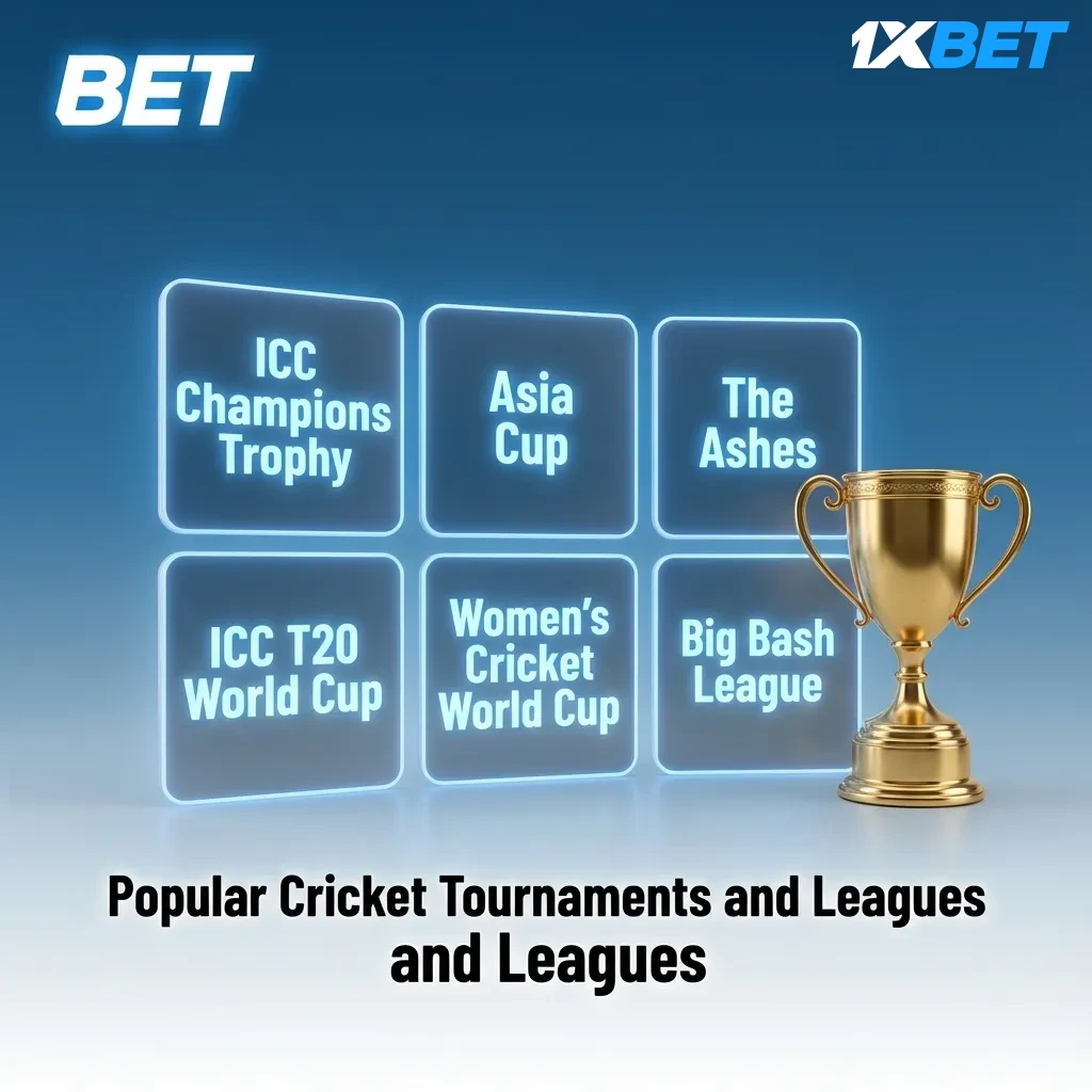 Cricket tournaments display showing IPL, ICC World Cup, T20 World Cup, and The Ashes with betting markets on 1xbet