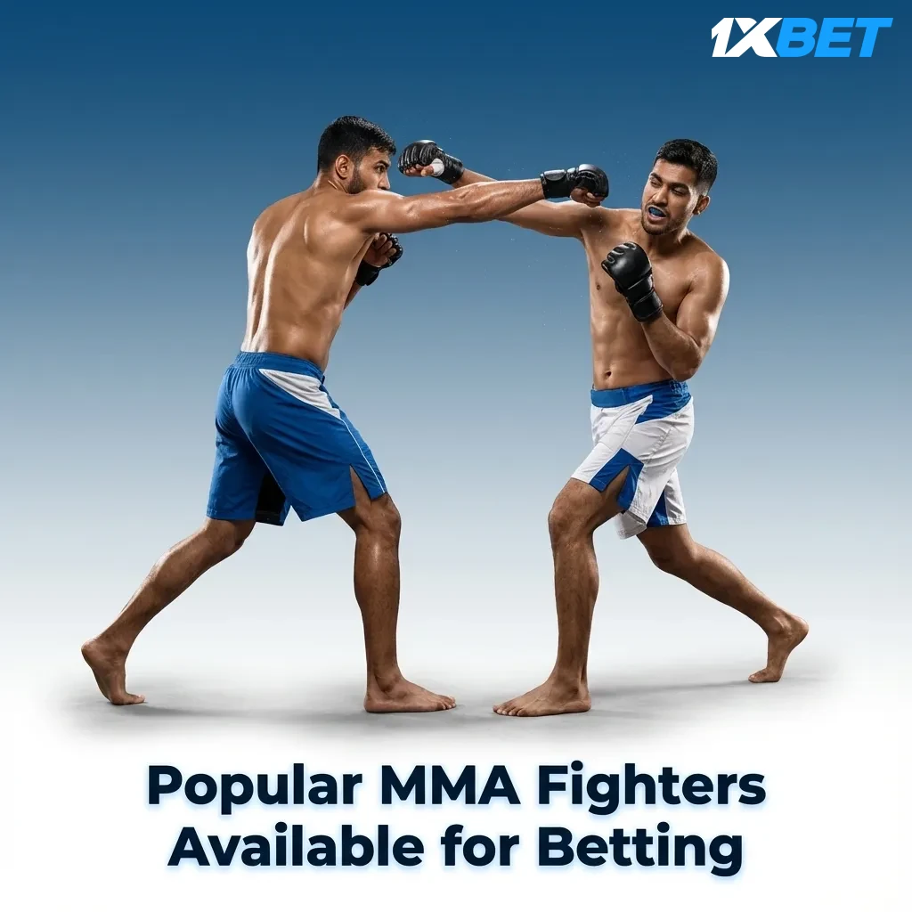 Grid of top MMA fighters including Islam Makhachev, Volkanovski, Adesanya, and Jones available for betting on 1xbet