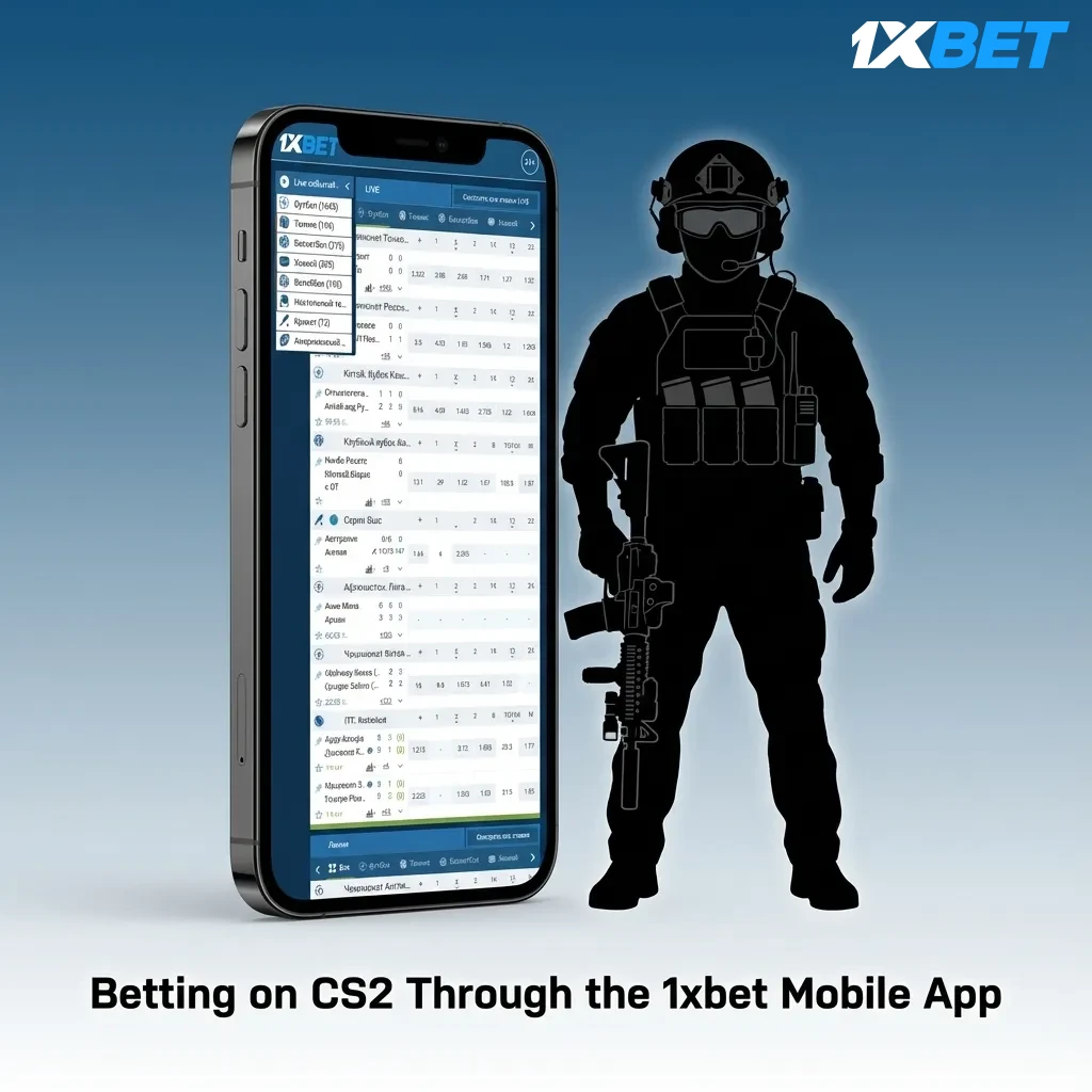 1xbet mobile app interface showing CS2 betting markets and live match options on smartphone screen