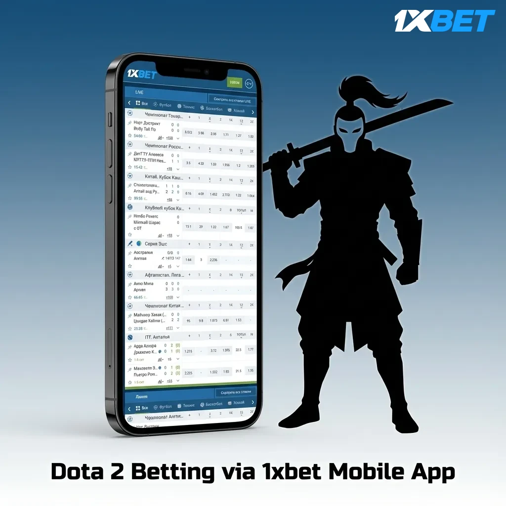 Mobile betting interface showing Dota 2 matches and live odds on 1xbet smartphone app during tournament gameplay