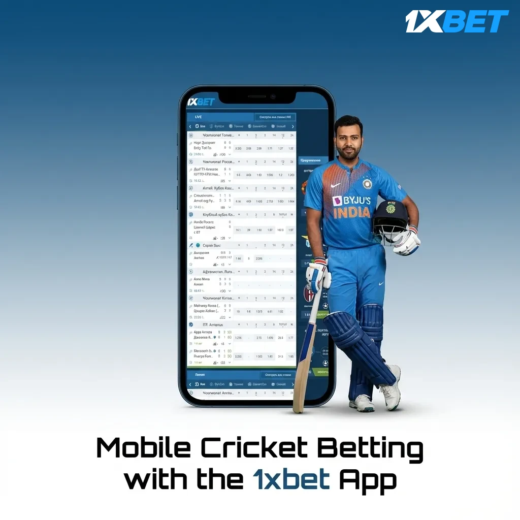 1xbet mobile app interface showing cricket betting options, live odds, and bet slip on smartphone screen