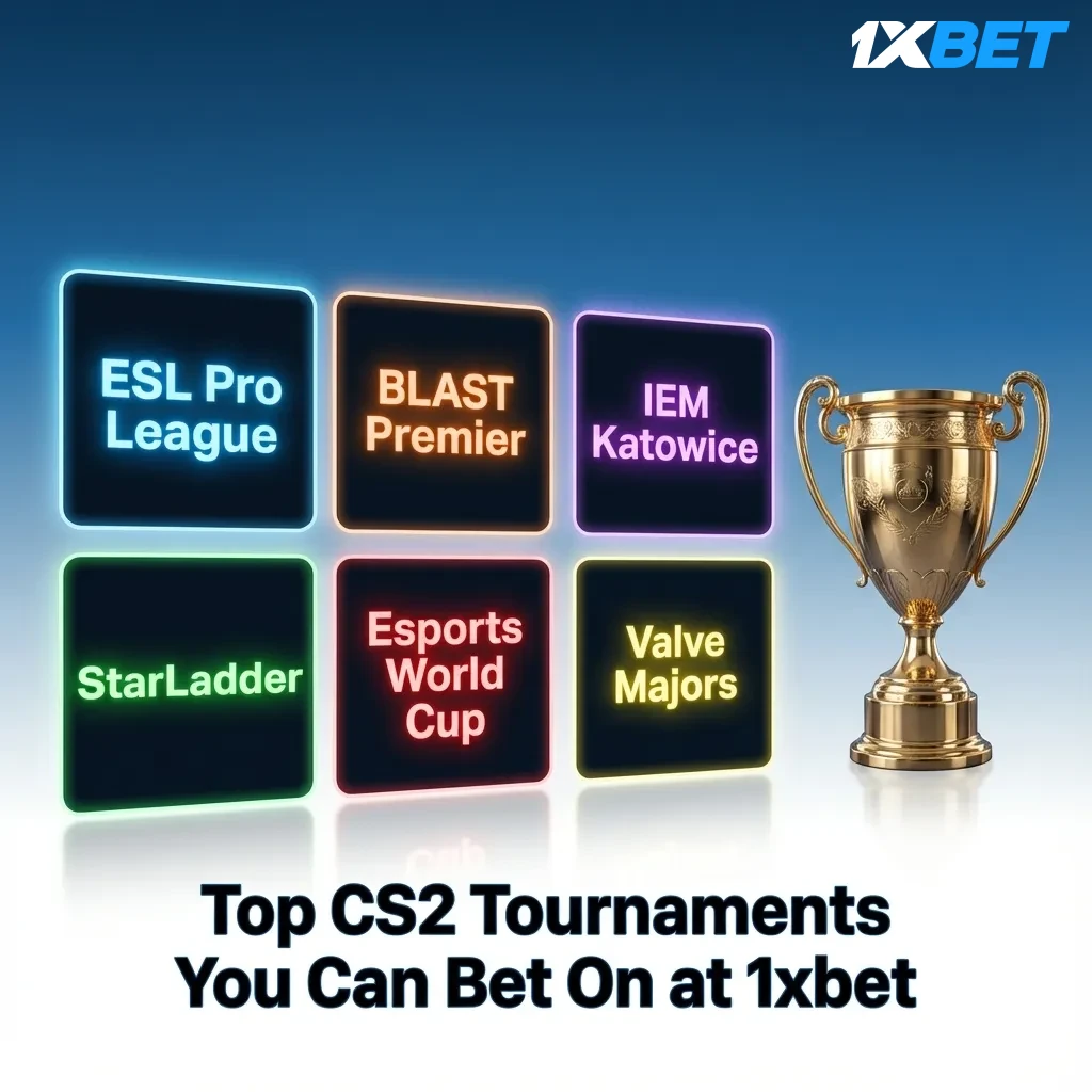 CS2 tournament logos and competitive gaming event banners for betting on 1xbet platform