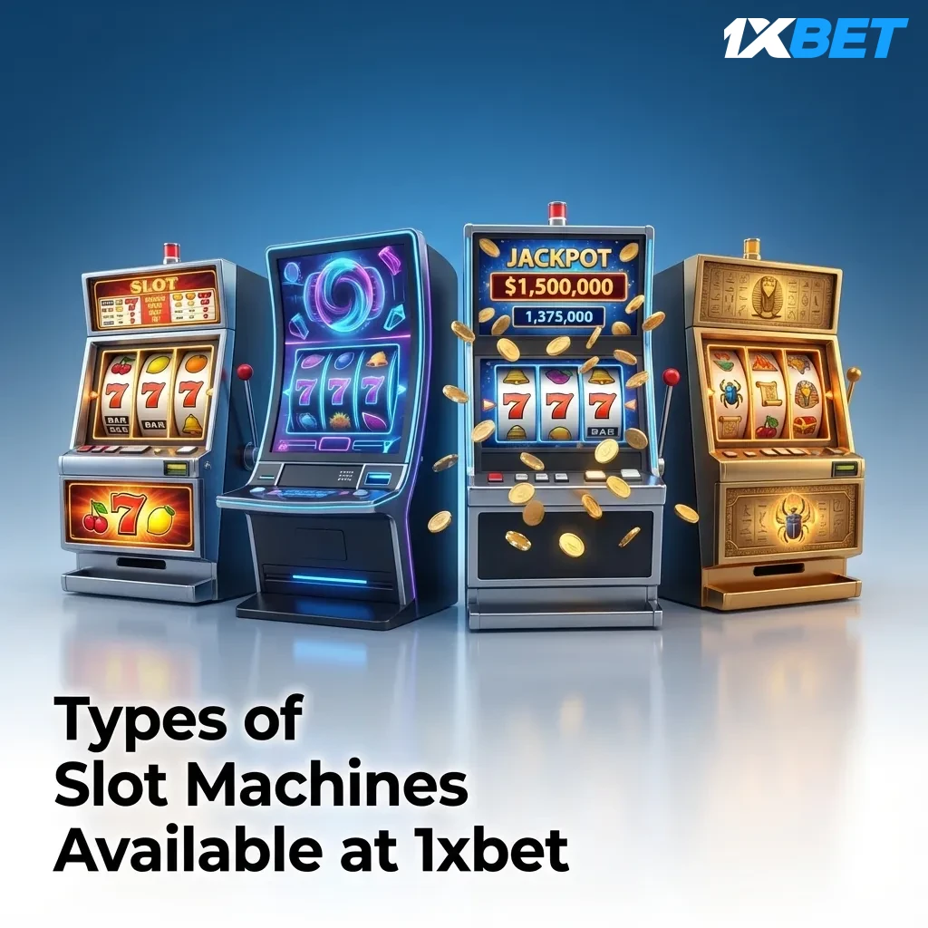 1xbet slot machine categories displayed including classic, video, Megaways, progressive jackpot, and crash game options