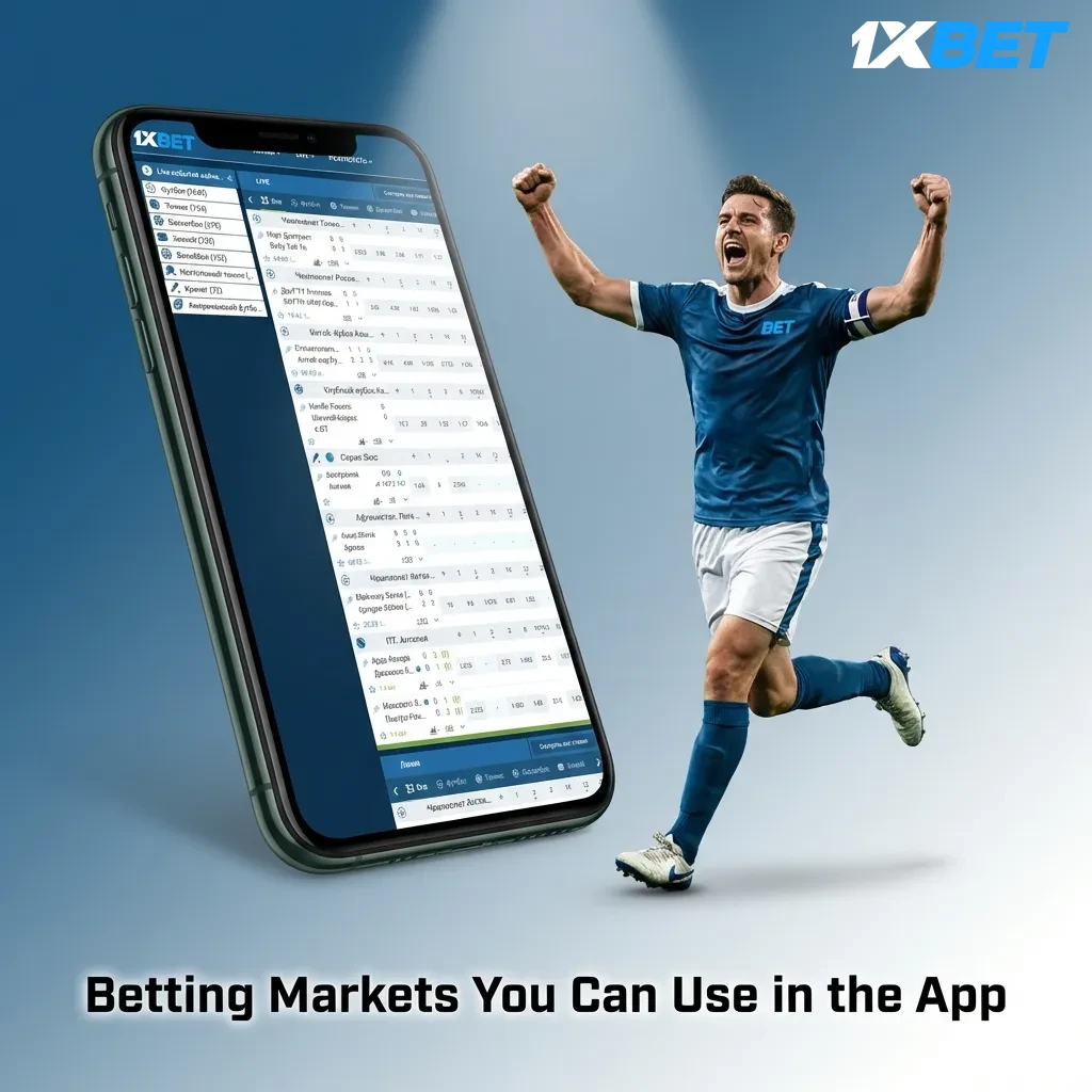 1xbet iOS app interface showing various betting market options including single, accumulator, and system bets