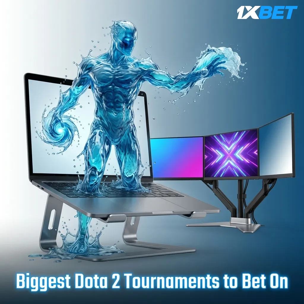 Professional Dota 2 tournament stage with team competition and gaming screens displaying major esports championship event