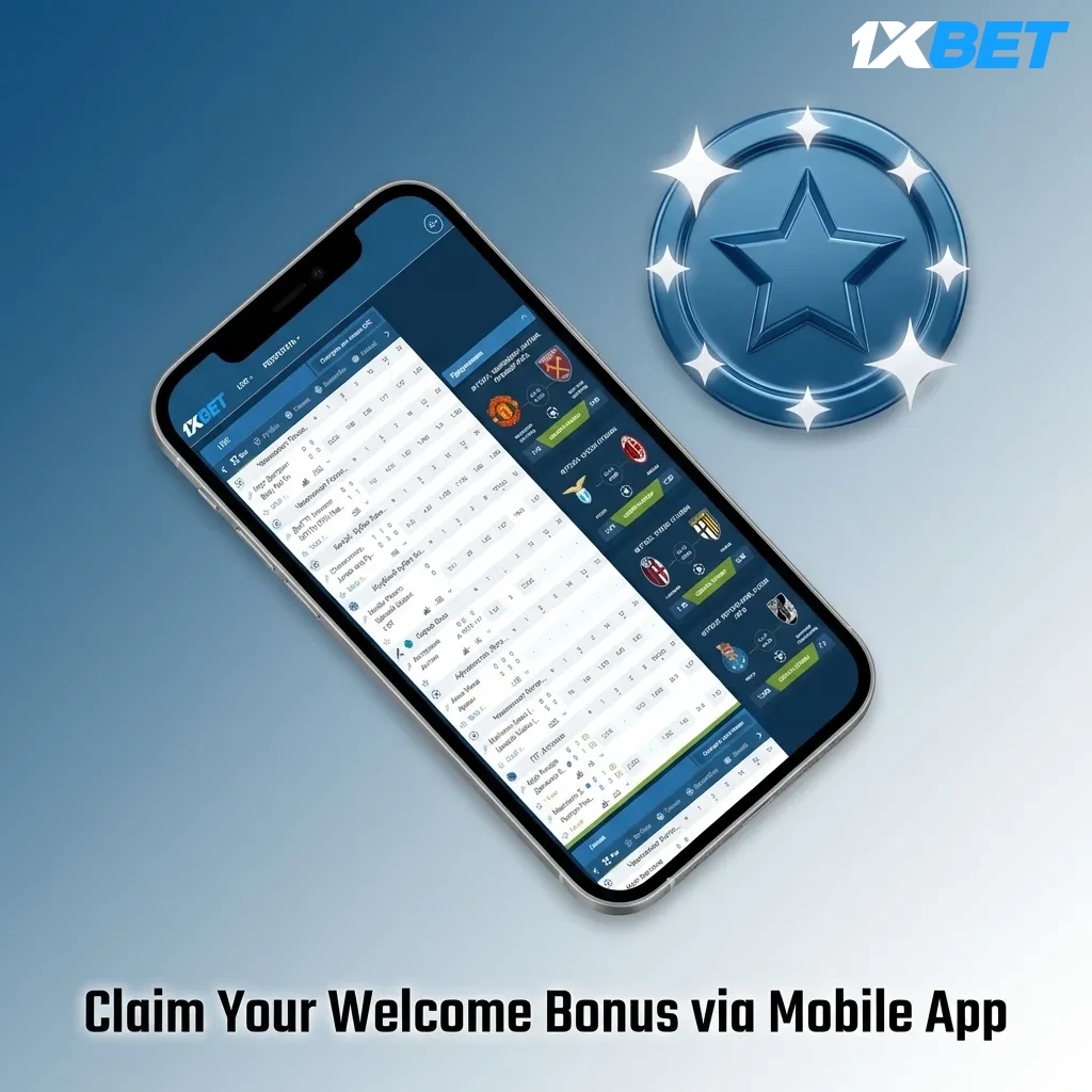 Mobile app interface showing registration and welcome bonus claim process with deposit and wagering options.