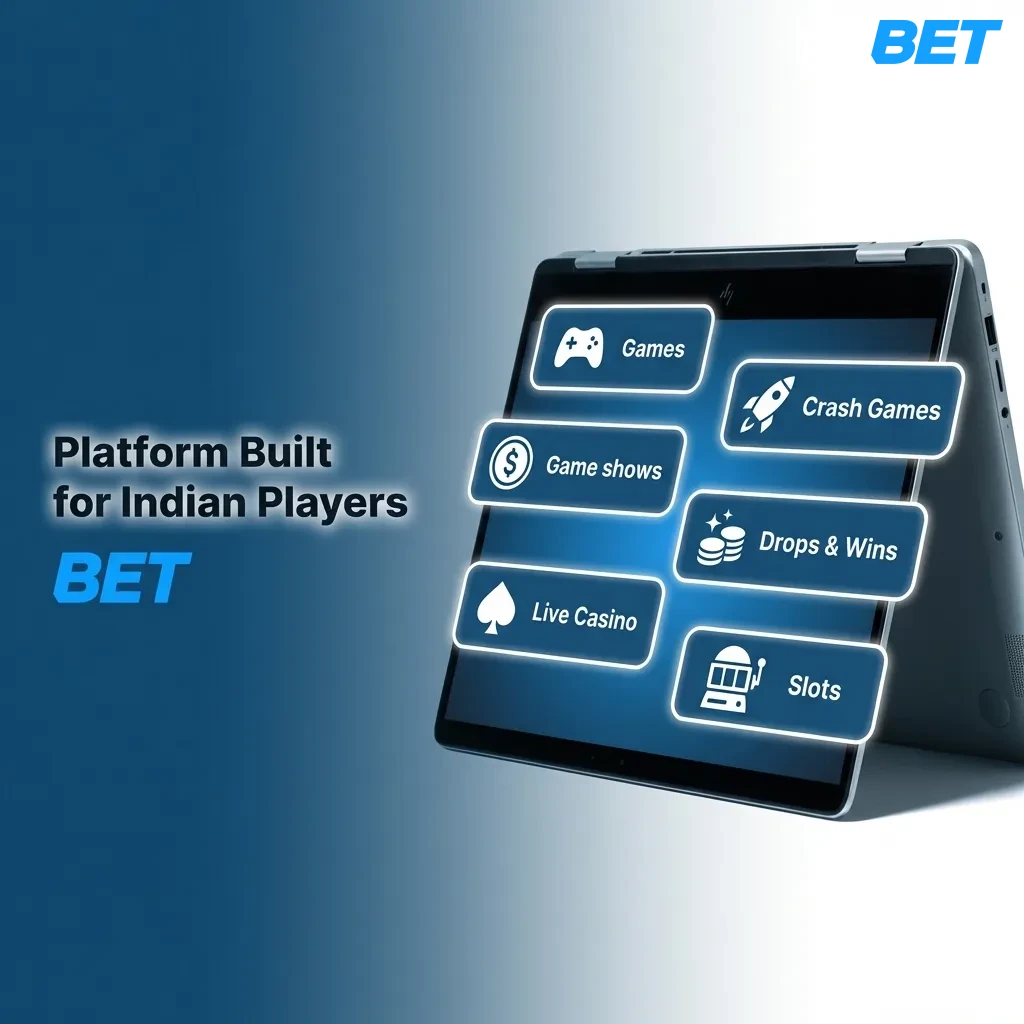 Platform interface showing instant INR deposits, mobile app, Hindi support, and VIP cashback features for Indian players