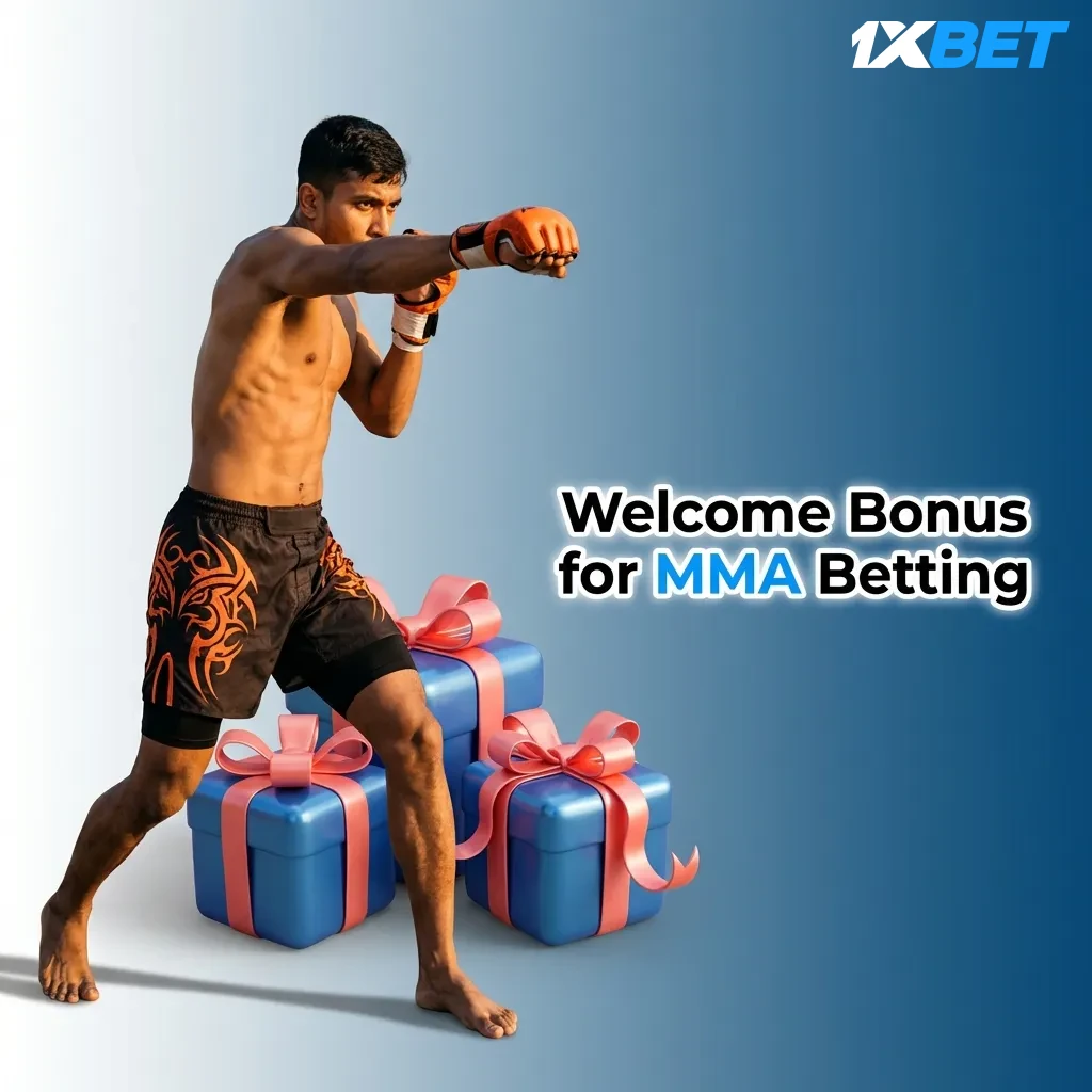 1xbet welcome bonus offer showing 100% match up to ৳30,000 for new MMA betting users with deposit requirements