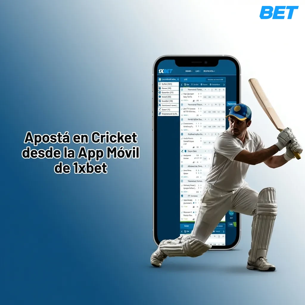 Persona usando app móvil 1xbet para apostar en cricket en smartphone con opciones de descarga Android e iOS