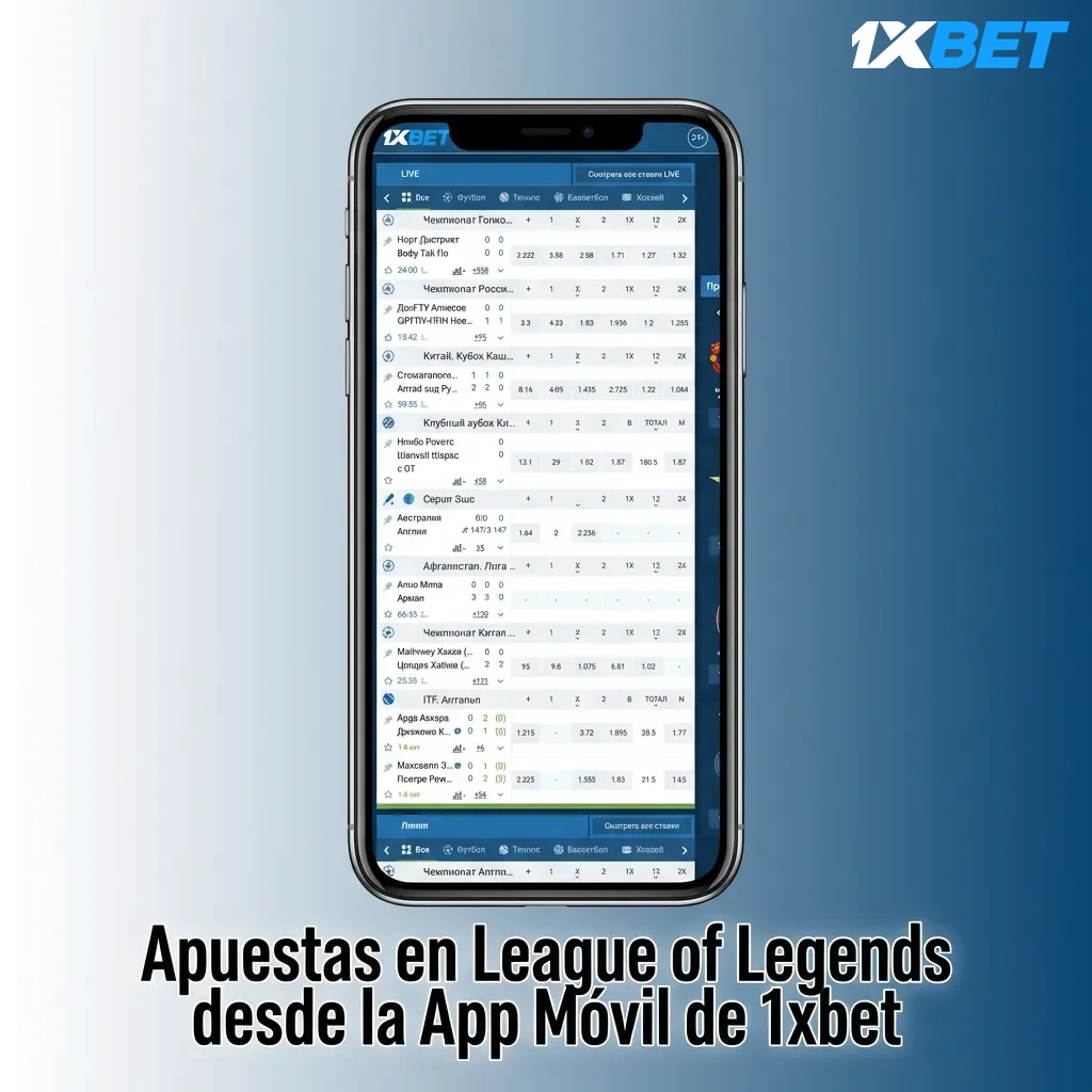 Mobile user placing League of Legends bet on 1xbet app while watching esports match on smartphone screen