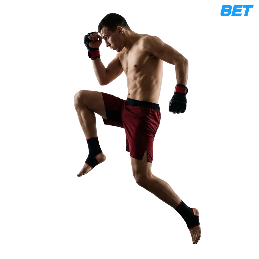 MMA fighters in octagon with 1xbet betting interface showing UFC odds, round betting, and live markets