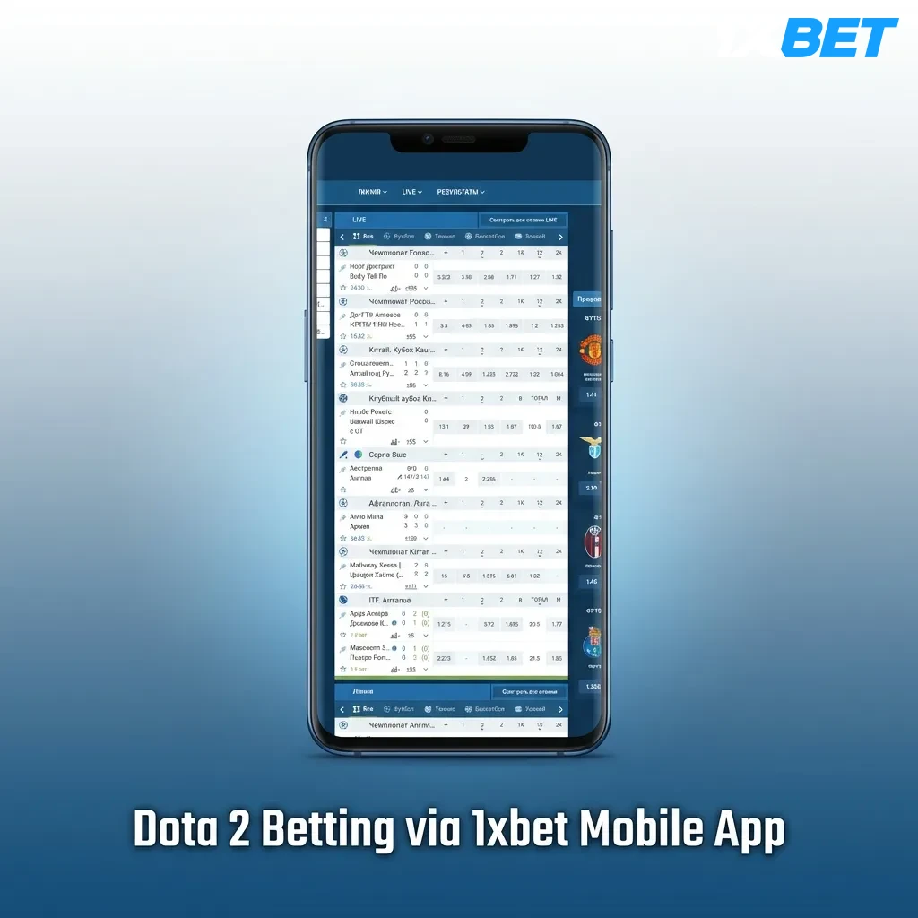 1xbet mobile app interface showing Dota 2 betting options and live match statistics on smartphone screen